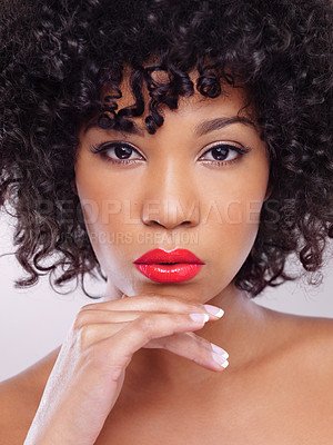 Buy stock photo Skincare, beauty and portrait of black woman with confidence, afro and makeup aesthetic in studio. Dermatology, facial cosmetics and model girl with red lipstick isolated on white background