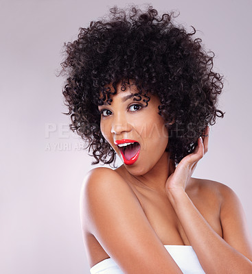 Buy stock photo Skincare, wow and portrait of black woman with makeup, afro and smile with confident beauty in studio. Dermatology, facial cosmetics and happy model with red lipstick isolated on white background