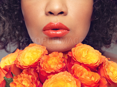 Buy stock photo Macro, flowers and woman with roses, lips or bouquet for fragrance, scent and makeup for sustainable cosmetics. Girl, cropped and face for beauty with eco friendly, floral or organic skin care
