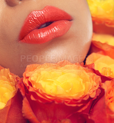 Buy stock photo Lipstick, zoom and woman with flowers, plants and bouquet for fragrance, scent and makeup for sustainable cosmetics. Girl, rose and lips for beauty with eco friendly, floral or organic skin care