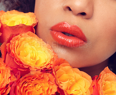 Buy stock photo Lips, macro and woman with flowers, plants and bouquet for fragrance, scent and makeup for sustainable cosmetics. Girl, rose and mouth for beauty with eco friendly, floral and organic skin care
