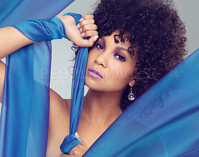 Buy stock photo African woman, blue fabric and beauty with hands in studio for cosmetics, femininity and elegance. Female person, material and holding or grip in portrait for glamour, confidence and lipstick makeup