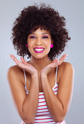 Buy stock photo Beauty, face and black woman in studio for makeup, cosmetics or happiness for fashion. Young female, portrait of model smiling with pink lipstick, eyeshadow and confidence in natural curly hair style