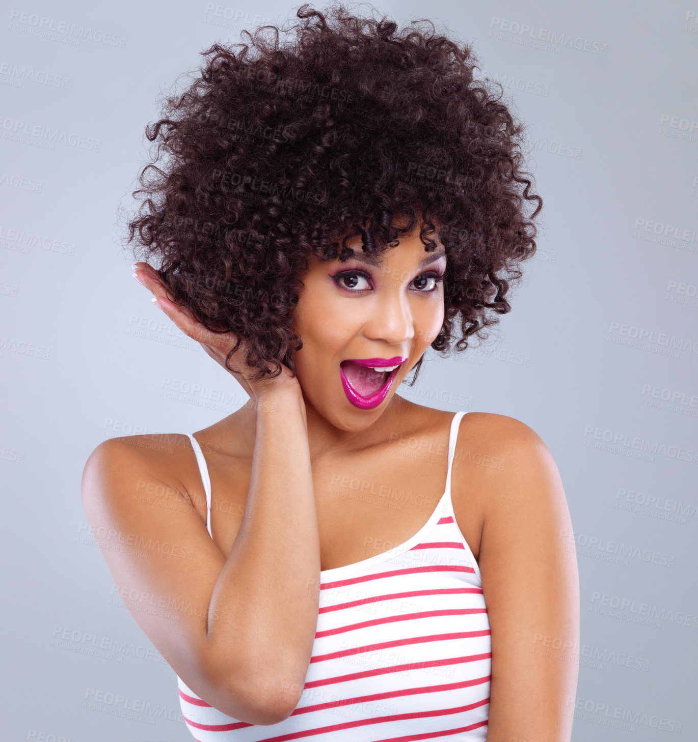 Buy stock photo Afro, portrait and smile for female person, haircare and cosmetics on studio background. Beauty salon, treatment and curly hairstyle for happy African woman model, cosmetology and natural aesthetic 
