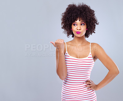 Buy stock photo Studio, point and hands for female person, face and thinking with makeup isolated on white background. Advertising, announcement and doubt with afro for African woman model, attitude and mockup space