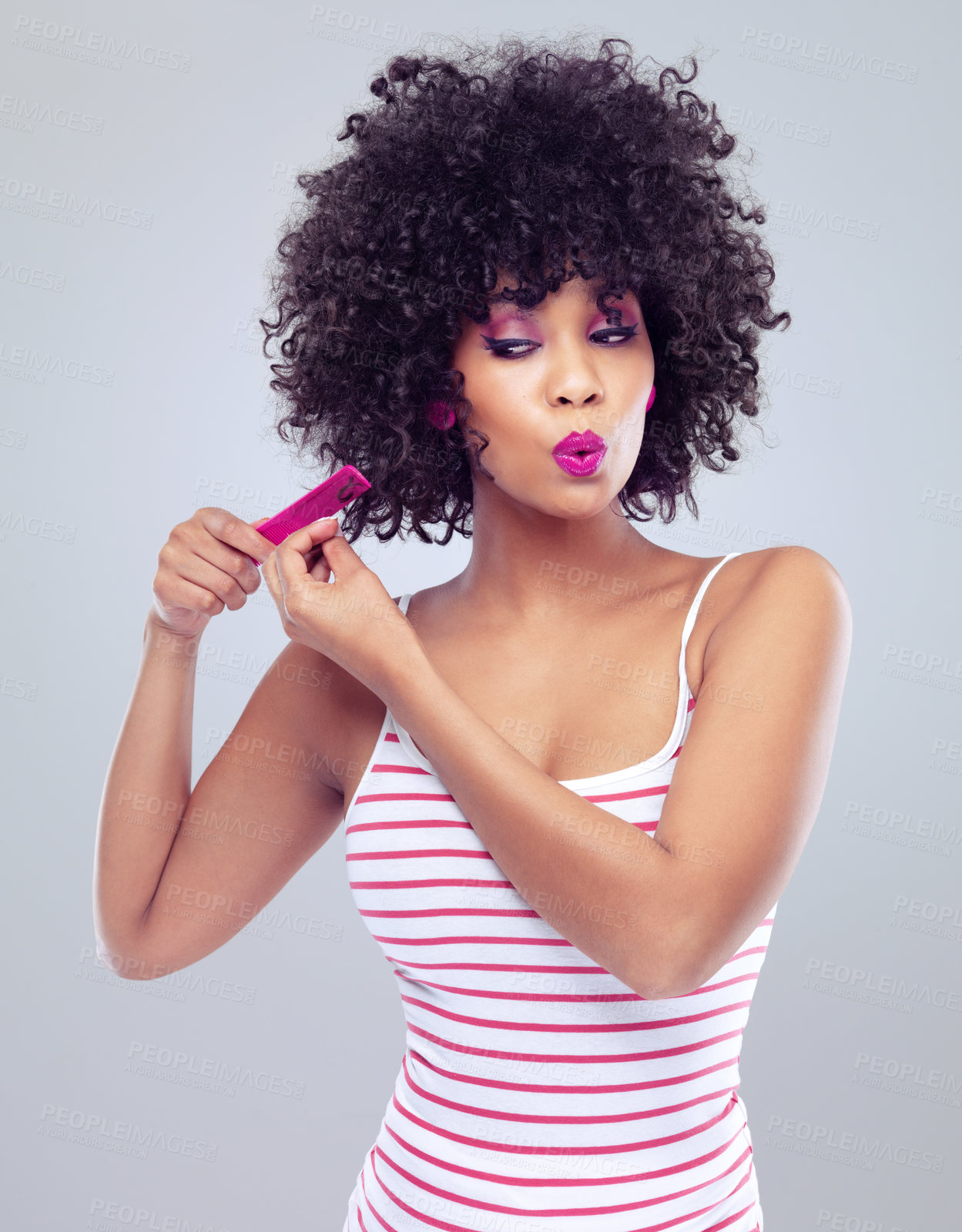 Buy stock photo Comb, haircare and afro female person, beauty and brush in studio isolated on white background. Confidence, arms and hairstyle for curly African woman model, treatment and self care for cosmetic