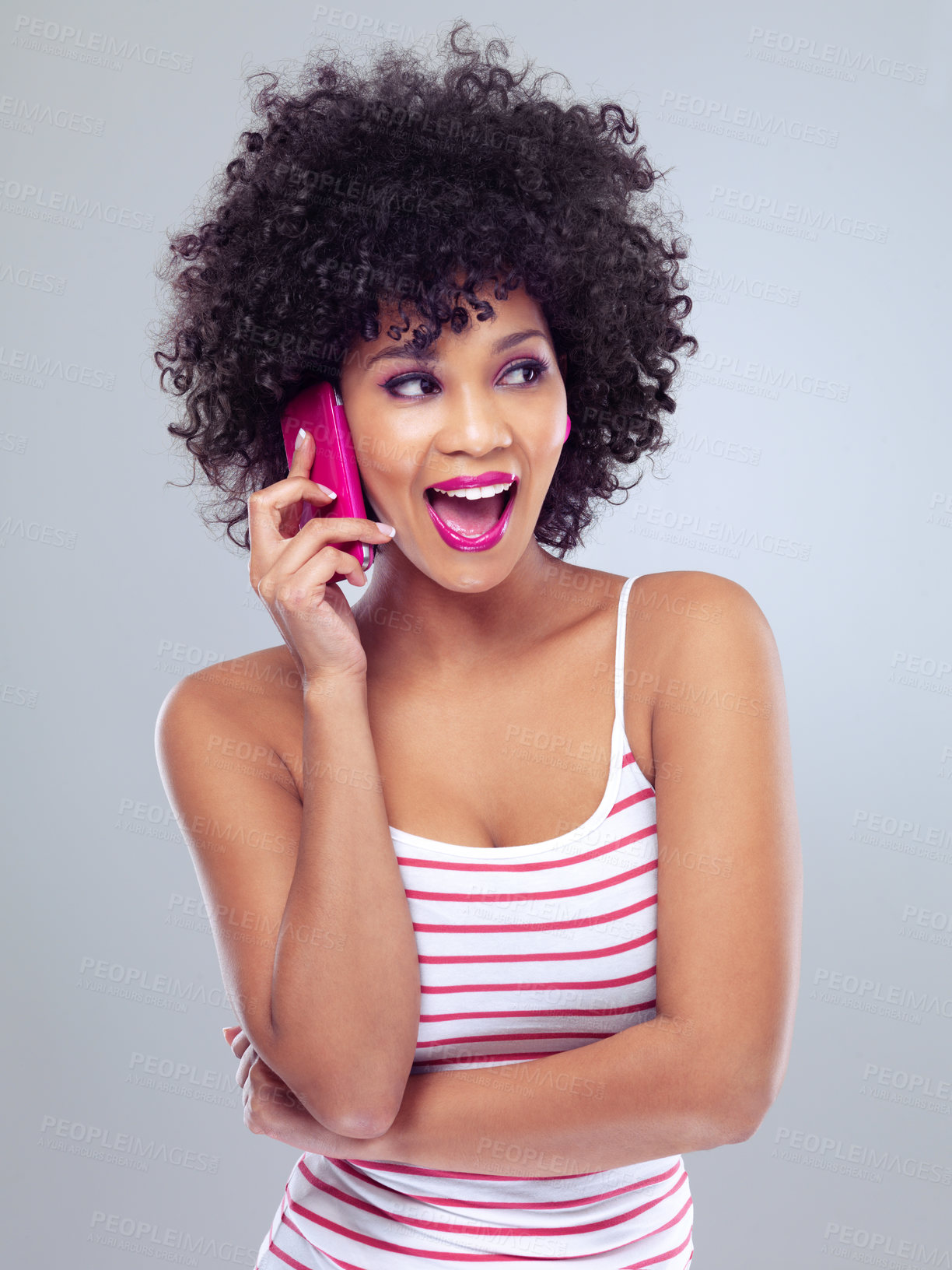 Buy stock photo Studio, phone call and shocked for female person, cellphone and makeup on white background. Lipstick, conversation and talking on smartphone with black woman model, expression and surprised face 