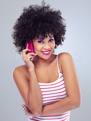 Buy stock photo Black woman, smile with cellphone for phone call and communication, listen and lipstick on white background. Contact, chat and tech with afro hairstyle and pink makeup, app and connection in studio