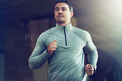 Buy stock photo Man, fitness and running for cardio workout, exercise or training with lens flare at the gym. Active male person, runner or athlete for weight loss, health and wellness in fitness on mockup space