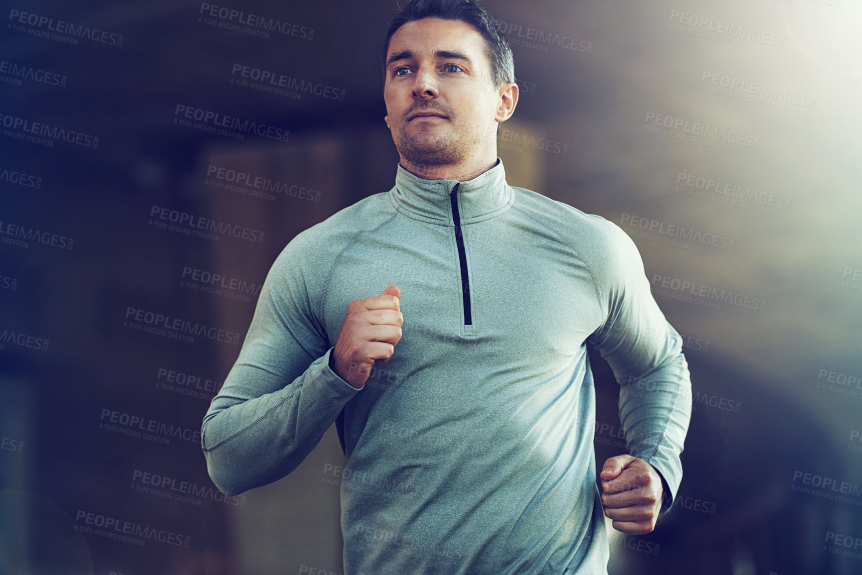 Buy stock photo Man, fitness and running for cardio workout, exercise or training with lens flare at the gym. Active male person, runner or athlete for weight loss, health and wellness in fitness on mockup space