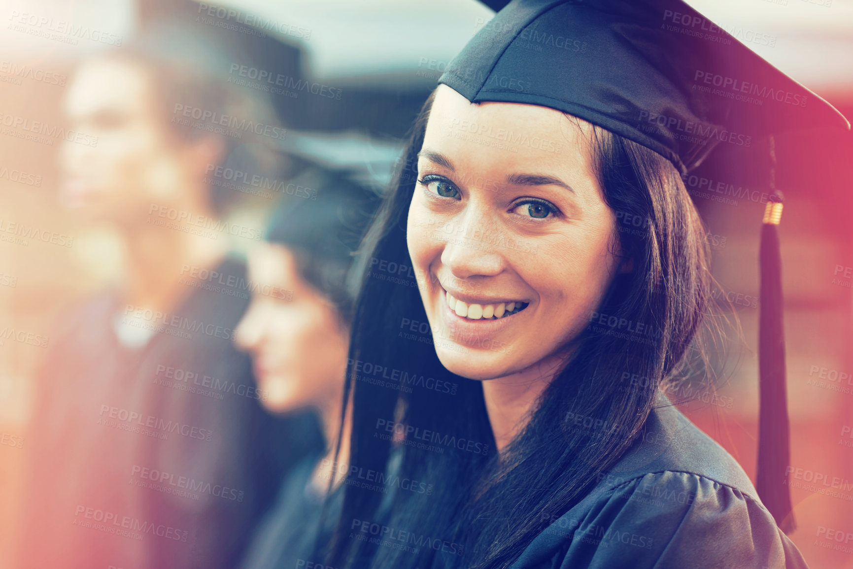 Buy stock photo Happy woman, portrait and student in graduation for achievement, future or education at university. Face of female person or graduate with smile for qualification, certification or ceremony at campus