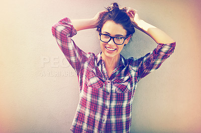 Buy stock photo Woman, eyewear or smile in fashion, nerd or casual aesthetic as exclusive designer apparel. Gen z, female person or student in eyeglasses in contemporary, trendy or checkered shirt on mock up