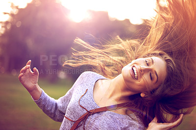 Buy stock photo Smile, dance and hair in nature for happy woman person, freedom and excited in park. Confidence, dancer and summer sunshine or sunset with lens flare, joy and fun from good news or achievement