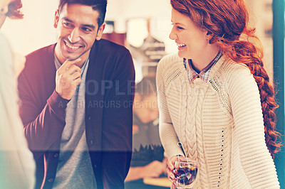 Buy stock photo Happy people, drinking and laughing with team for funny joke, humor or discussion at office. Young man and woman with smile or beverage in planning, creative startup or strategy together at workplace