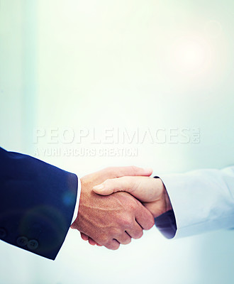 Buy stock photo Handshake, welcome and partnership with business people closeup in the office for agreement or deal. Meeting, thank you or b2b for corporate teamwork and a manager shaking hands with an employee