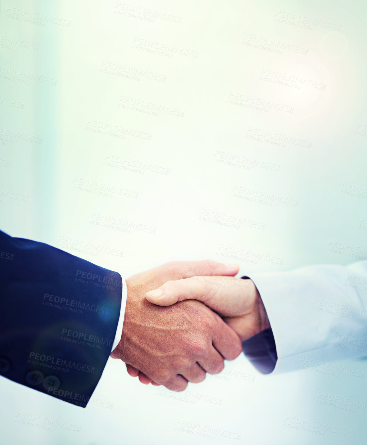 Buy stock photo Handshake, welcome and partnership with business people closeup in the office for agreement or deal. Meeting, thank you or b2b for corporate teamwork and a manager shaking hands with an employee