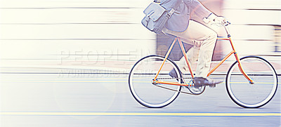 Buy stock photo Bike, motion blur and a business man on his city commute using carbon neutral transport with mockup. Travel, road and a male employee cycling on an eco friendly bicycle outdoor in an urban town