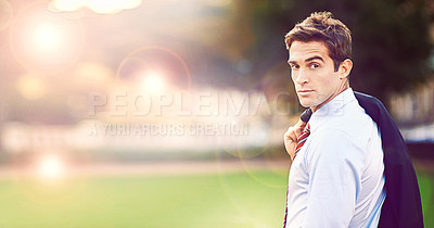 Buy stock photo Corporate, lawyer and portrait of businessman in park for career, blazer and mockup in Chicago. Professional person, suit and face of office worker with pride, confidence and startup with lens flare