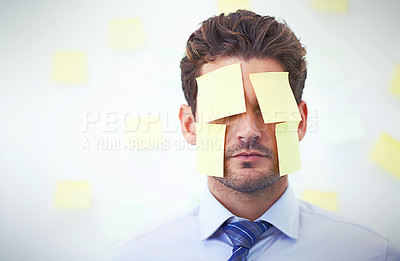 Buy stock photo Businessman, face and sticky note as work reminder or company project deadline, schedule or problem. Male person, stress and post it or wall background with pressure or overwhelmed, memo or planning