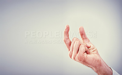 Buy stock photo Gesture, hand and gap to show for size, results and scale for quantity on mockup on white background. Sign, finger and thumb to explain little, number and idea for short, growth or loss in studio