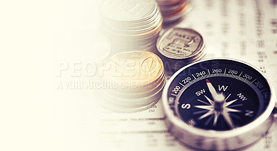 Buy stock photo Coins, compass and business of newspaper for exchange rate, interest and direction on stock market for investor. Information, money and illustration of forex trading and financial indicators on paper