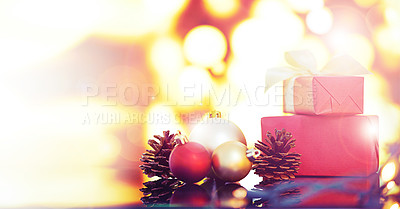 Buy stock photo Gift box, lights and Christmas background for holiday, celebration and giveaway in winter, mockup and lights. Empty, banner and home and present, package or thanksgiving for tradition with decoration