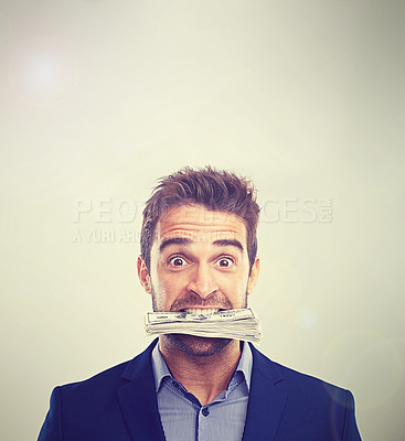 Buy stock photo Entrepreneur, studio and mouth with money for investment on startup company, business and funding. Portrait, businessman and paper notes as capital to finance, career and profit from savings