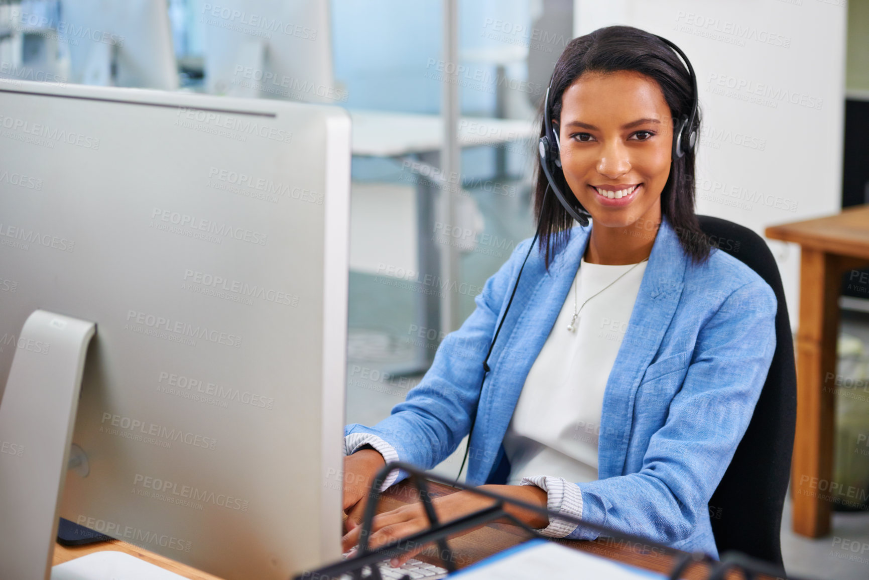 Buy stock photo Business woman, portrait and consultant with headphones at call center for customer service or support at office. Face of female person, employee or agent with smile for consulting or online advice