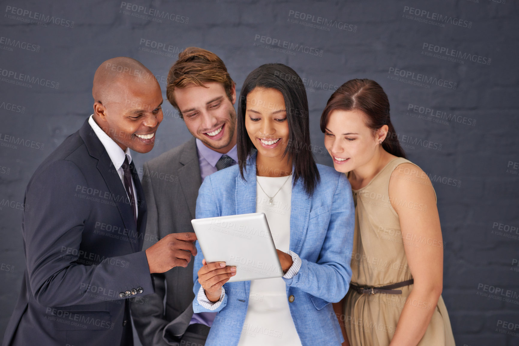 Buy stock photo Business people, finance and teamwork with tablet, accountant or conversation with funny or trading. Broker, diversity or professional with manager, app or employees with tech, internet or economy