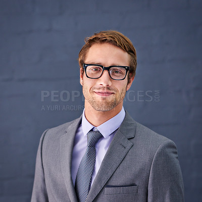 Buy stock photo Businessman, portrait and professional smile with glasses, lawyer career with male person. Happy, formal and suit on confident Canada attorney isolated on background, office clothes for law firm