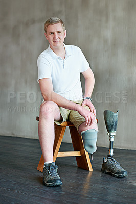 Buy stock photo Man, portrait and amputee with prosthetic leg in gym, sitting with residual limb for assemble. Gym workout, physiotherapy and fitness for wellness or disable male person, exercise and rehabilitation