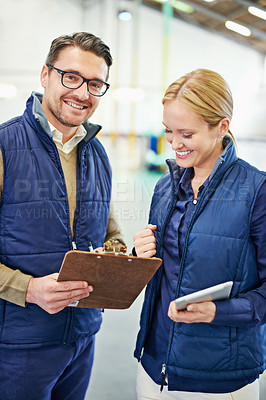Buy stock photo Coworkers, smile and warehouse for production process, industry and manufacturing for distribution. Young people or workers and happy for maintenance and quality control for supply chain and stock