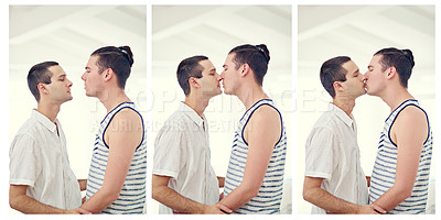 Buy stock photo Collage, gay couple and men with kiss for love in relationship with holding hands, touch and romance at home. Male people, lgbt and happy for connection with partners, support and hugging in house