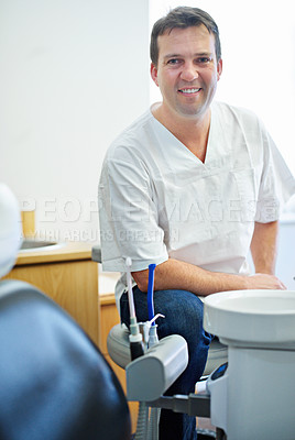 Buy stock photo Portrait, smile or man dentist in consulting office for help, advice or mouth wellness exam. Dental, oral care or orthodontist, doctor or specialist with friendly service, teeth whitening or hygiene