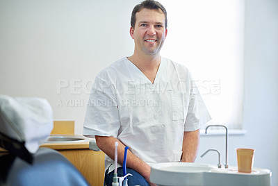 Buy stock photo Portrait, male dentist and man with hygiene equipment and medical service with schedule and professional. Face, person and oral care with employee and appointment with tools, smile and dental health