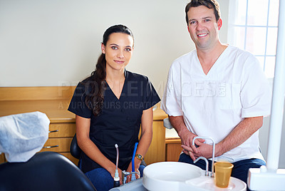 Buy stock photo Smile, doctor and dental assistant with confidence in portrait for medical treatment at hospital. Happy orthodontist and nurse for teeth whitening, oral hygiene and mouth healthcare at clinic