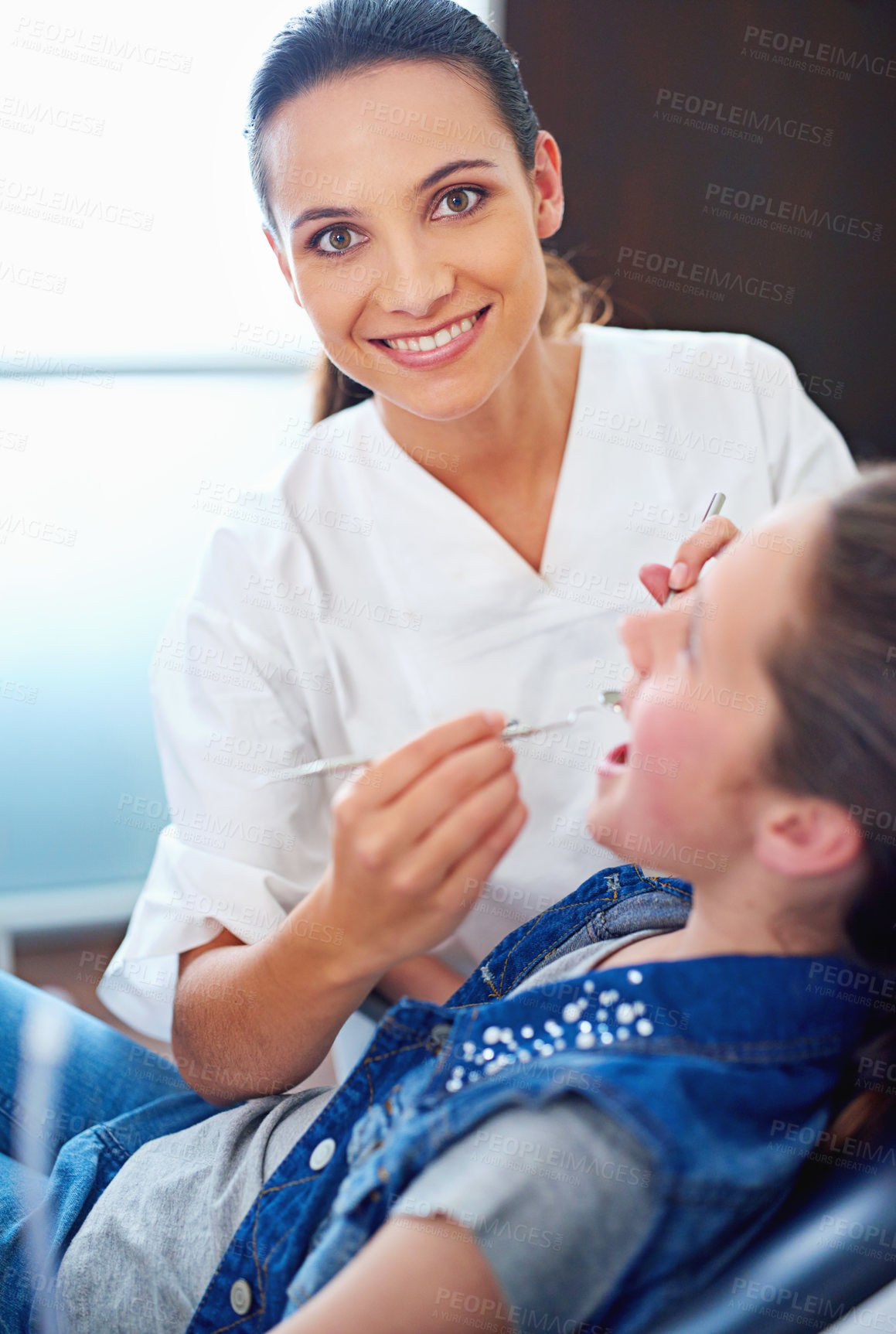 Buy stock photo Portrait, girl and dentist with kid, healthcare and appointment for teeth whitening and consultation. Face, professional and child with employee and dental hygiene with tools and trust with checkup