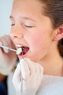 Buy stock photo Dental, exam and girl and dentist with mirror zoom for tooth cavity or gum disease search. Oral care, tool or kid consulting specialist for teeth whitening, growth or bacteria, braces or development