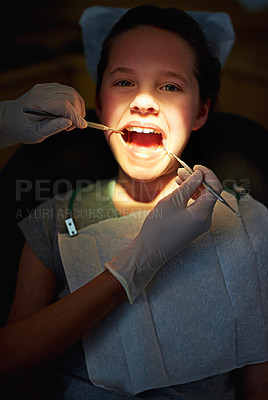 Buy stock photo Dental mirror, girl face or hands of dentist for mouth exam, tooth cavity or gum disease, bacteria or search. Oral, wellness or doctor with light, equipment or pediatric dentistry tool for cleaning
