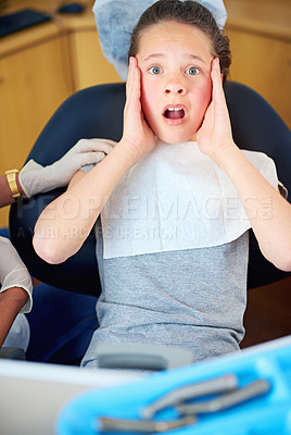 Buy stock photo Dental, fear and portrait of girl with dentist in consultation room for phobia, comfort or news. Orthodontics, stress and kid with anxiety for teeth, cavity or bacteria, risk or gum disease emergency