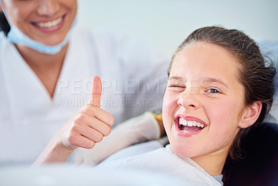 Buy stock photo Dentist, child and portrait with thumbs up with teeth cleaning or cavity treatment for oral hygiene, healthy or whitening. Female person, face and hand gesture for happy consultation, dental or yes