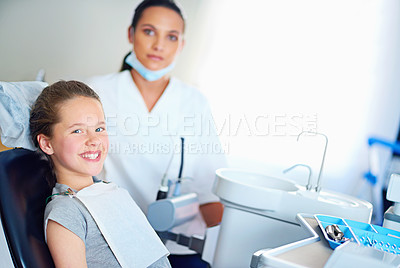 Buy stock photo Dentist, clinic and portrait of child with smile for cleaning, teeth whitening and wellness. Healthcare, dentistry and woman and girl with tools for dental hygiene, oral care and medical services