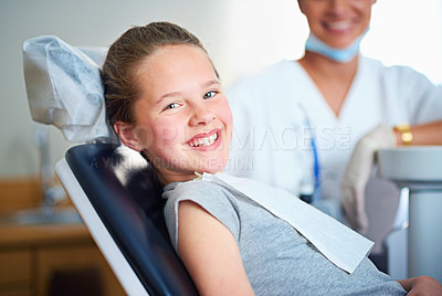 Buy stock photo Dentist chair, exam or portrait of girl in consultation room for mouth, gum or wellness. Dental, cleaning or teeth whitening by kid consulting orthodontist for tooth, growth or braces and development