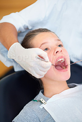 Buy stock photo Girl, child and dental inspection with healthcare tool, dentist consultation and open mouth for oral health. Professional, kid patient and glove hand for teeth cleaning, gingivitis and medical care