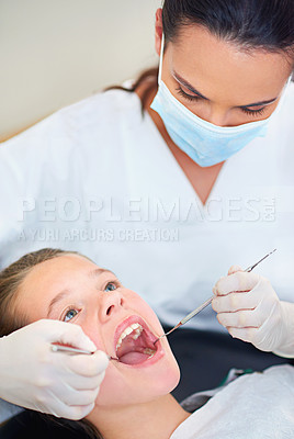 Buy stock photo Girl, kid and dental inspection at dentist with healthcare tool, consultation and safety mask for oral health. Professional, child patient or glove hand for teeth cleaning, gingivitis or medical care