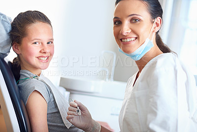 Buy stock photo Consulting, clinic and portrait of dentist with child for cleaning, teeth whitening and wellness. Healthcare, dentistry and woman and girl with tools for dental hygiene, oral care and medical service