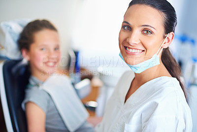 Buy stock photo Health, clinic and portrait of dentist with child for cleaning, teeth whitening and wellness. Healthcare, dentistry and woman and girl with tools for dental hygiene, oral care and medical services