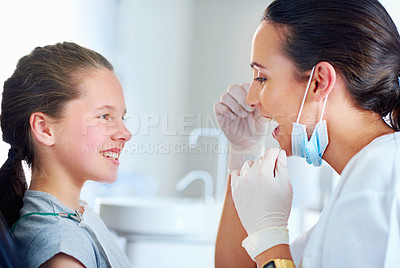 Buy stock photo Woman, girl and dental floss with smile together, oral surgery for examination for hygiene and health. Teeth, orthodontist and working in medical practice, dentist teaching or consulting for cleaning