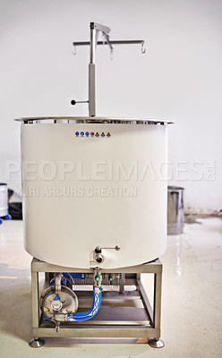 Buy stock photo Tank, beer production and distillery with equipment for process, factory or brewery with craft drink. Alcohol, metal container and industrial machine, brewing system and tools for manufacturing