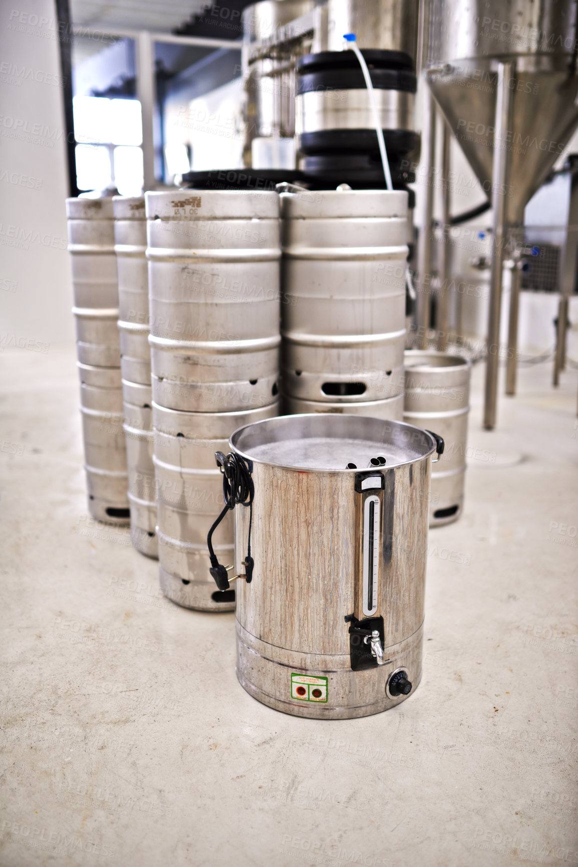 Buy stock photo Keg, beer production and distillery with equipment for process, factory or brewery with craft drink. Alcohol, metal container and industrial machine, brewing system and tools for manufacturing